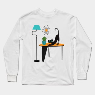 Retro Kitty Pouncing on a Mid Century Table Long Sleeve T-Shirt